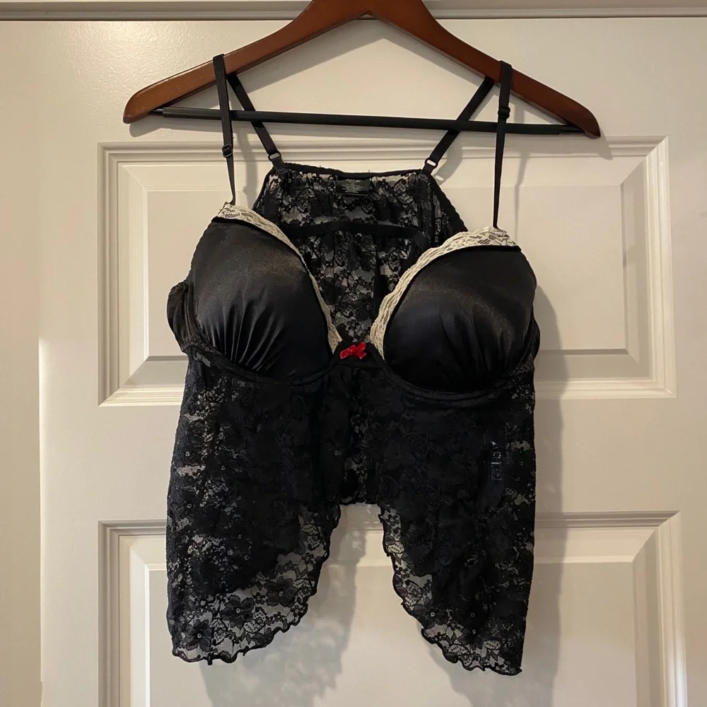 Black w/ Cream Trim Lace Babydoll Lingerie Set with Red Bow